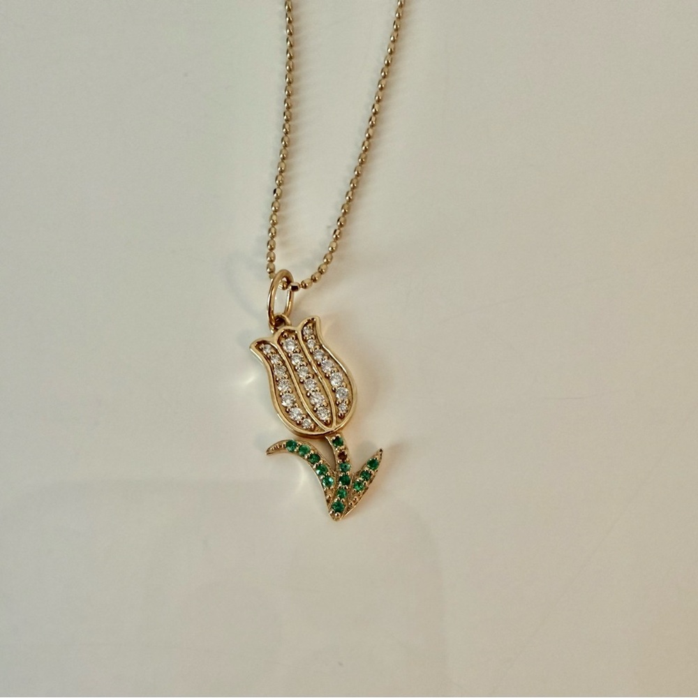 Sydney Evan 14K Emerald & Diamond Tulip Pendant Necklace 💐 100% Authentic